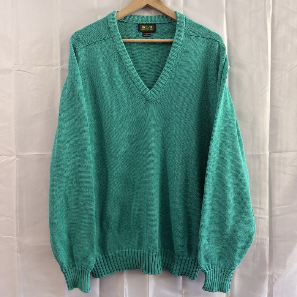 Vintage Byford Green Teal V-neck  100% Cotton Sweater USA Preppy Y2K Mens XL